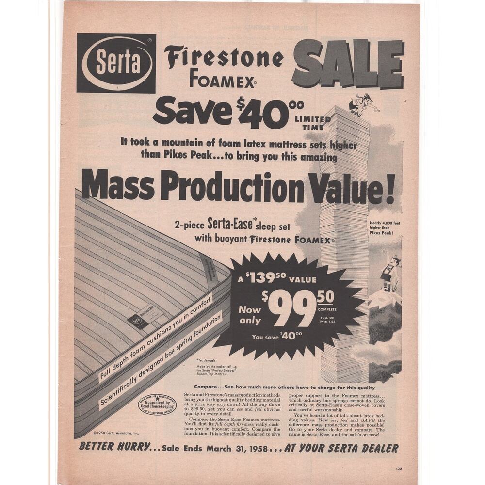 Serta Mattress Magazine Advertisement 1958 Vintage Bedroom Firestone Foamex B&W